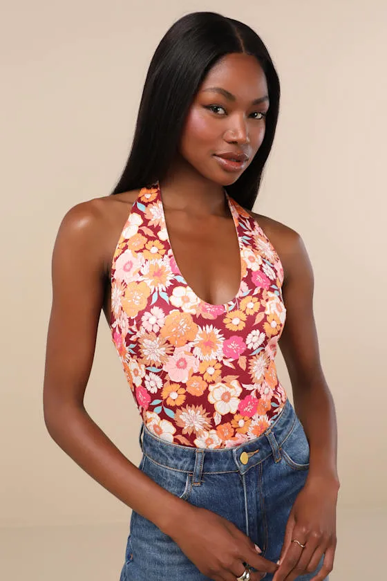 Boldly Blooming Burgundy Floral Print Halter Bodysuit sold by Lulus