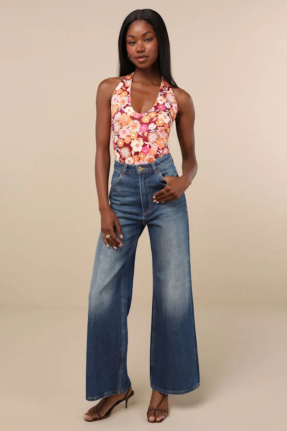 Boldly Blooming Burgundy Floral Print Halter Bodysuit sold by Lulus product image thumbnail 3