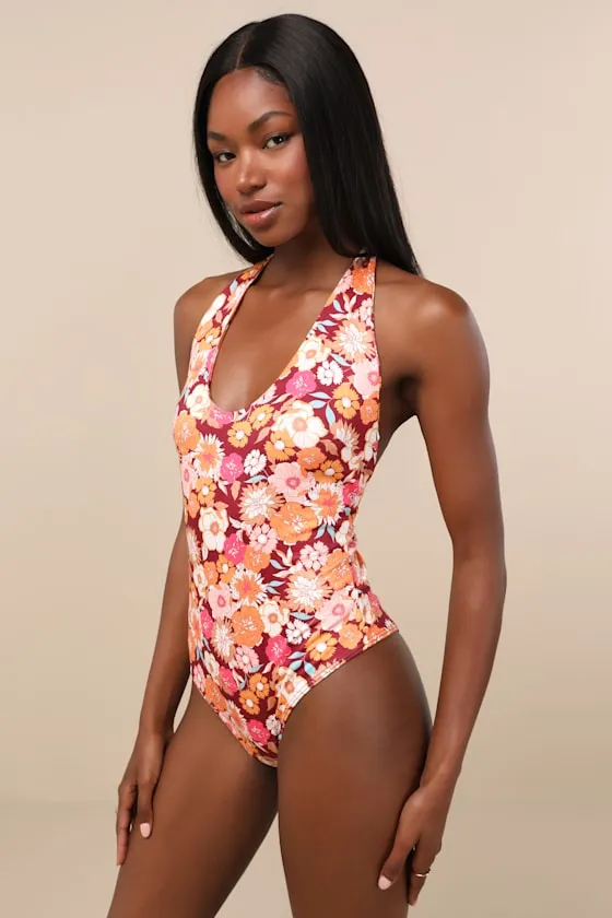 Boldly Blooming Burgundy Floral Print Halter Bodysuit sold by Lulus product image thumbnail 4