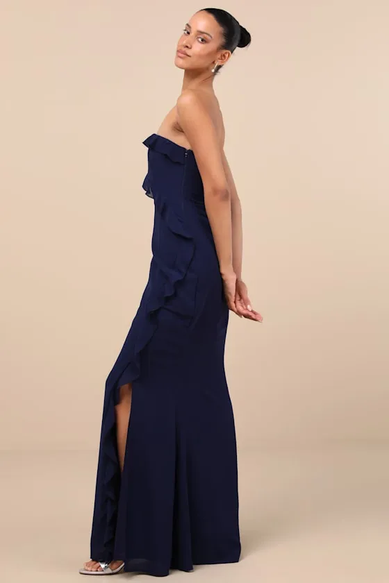 Excellent Sensation Navy Strapless Ruffled Maxi Dress sold by Lulus product image thumbnail 4