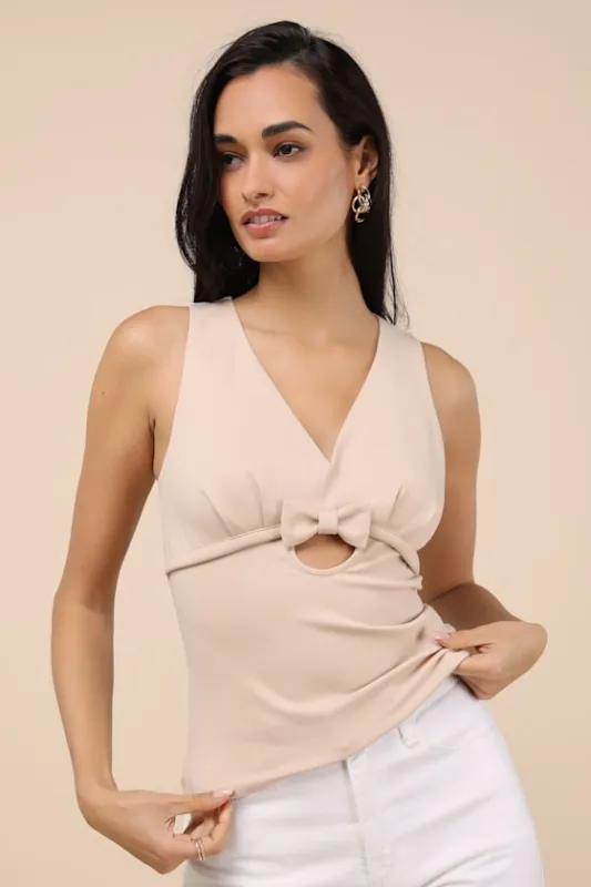 Patrizia Beige Cutout Bow V-Neck Sleeveless Top sold by Lulus