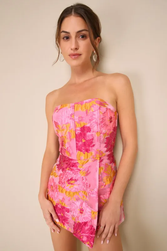 Sensational Excellence Pink Jacquard Strapless Skort Romper sold by Lulus