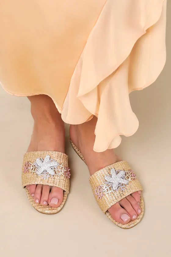 Robinna Natural Raffia Rhinestone Flat Slide Sandals sold by Lulus