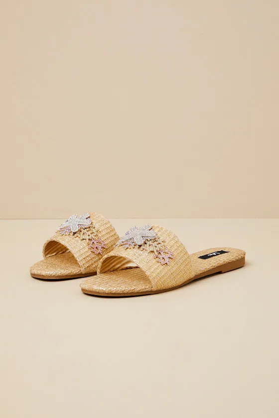 Robinna Natural Raffia Rhinestone Flat Slide Sandals sold by Lulus product image thumbnail 4