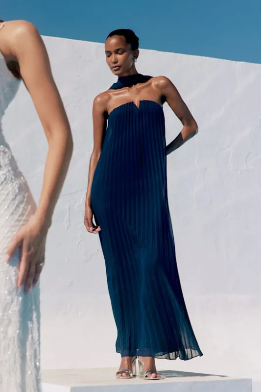 Lael Navy Pleated Strapless Dress and Scarf Set sold by Lulus