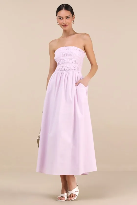 Ania Lilac Strapless Smocked Midi Dress sold by Lulus
