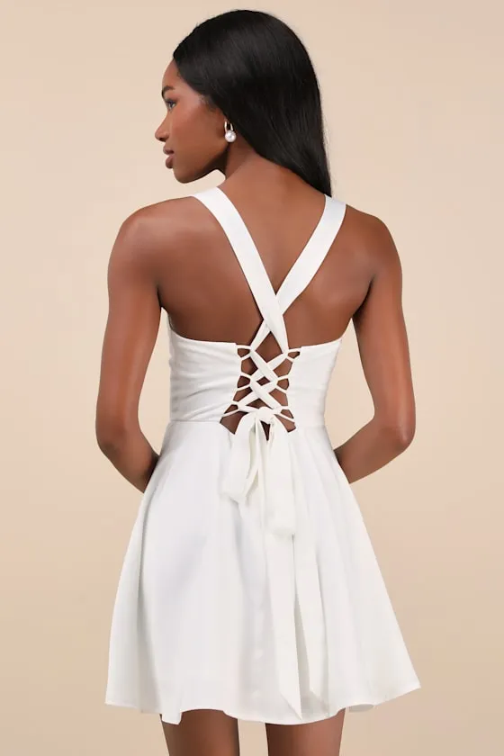 Admirably Chic White Satin Lace-Up Mini Dress With Pockets sold by Lulus product image thumbnail 3