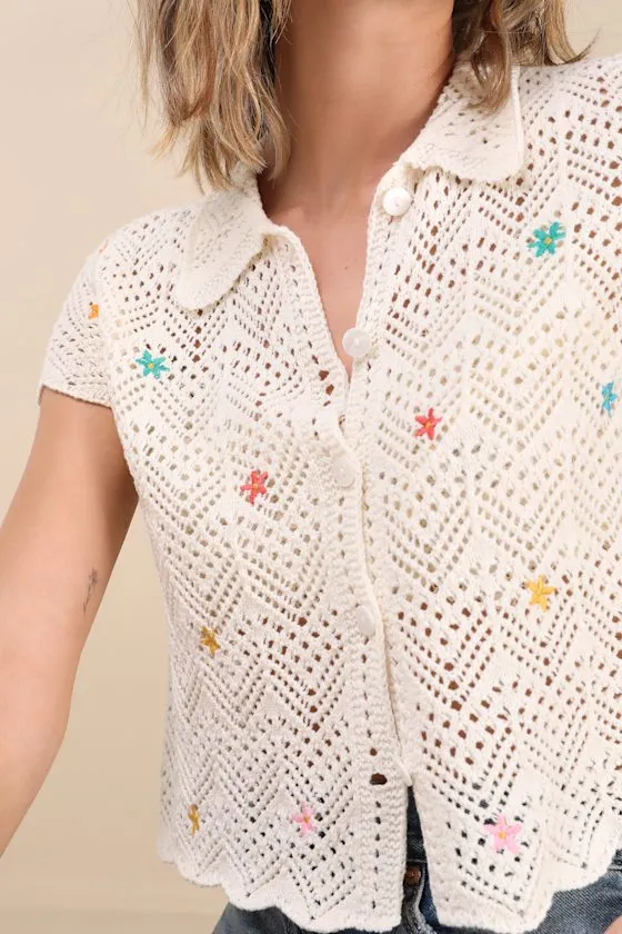Arawn Ivory Floral Embroidered Pierced Knit Button-Front Top sold by Lulus