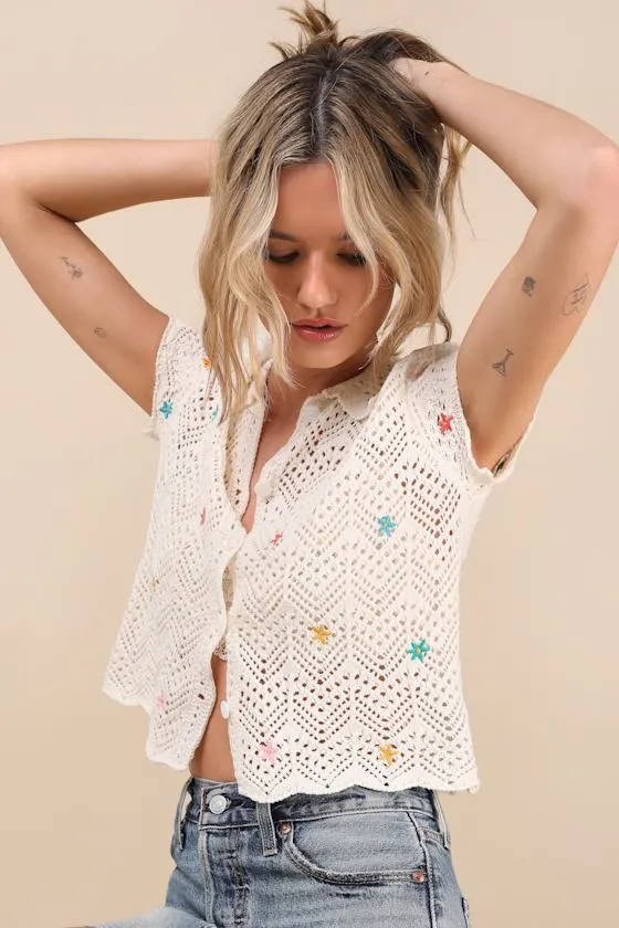 Arawn Ivory Floral Embroidered Pierced Knit Button-Front Top sold by Lulus product image thumbnail 2