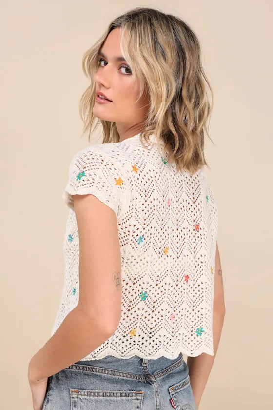 Arawn Ivory Floral Embroidered Pierced Knit Button-Front Top sold by Lulus product image thumbnail 3