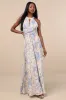 Sintra Beige and Blue Floral Pleated Backless Maxi Dress sold by Lulus