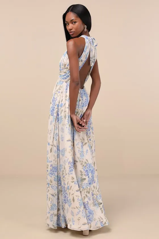 Sintra Beige and Blue Floral Pleated Backless Maxi Dress sold by Lulus product image thumbnail 2