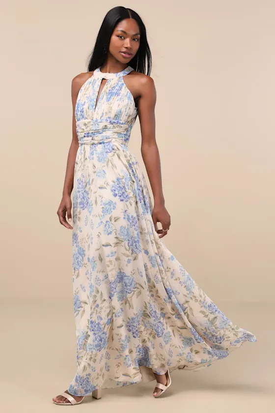 Sintra Beige and Blue Floral Pleated Backless Maxi Dress sold by Lulus product image thumbnail 3