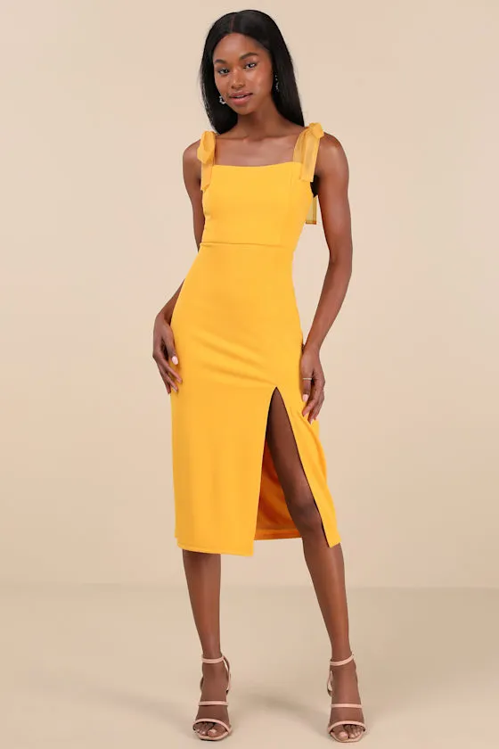 Romantic Celebration Yellow Tie-Strap Bodycon Midi Dress sold by Lulus