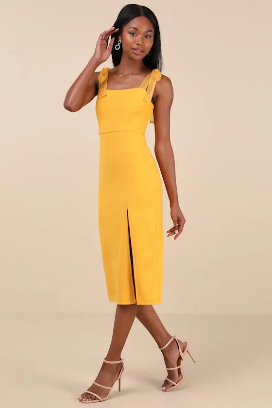 Romantic Celebration Yellow Tie-Strap Bodycon Midi Dress sold by Lulus product image thumbnail 2