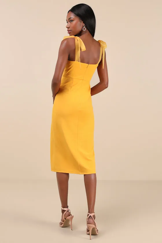 Romantic Celebration Yellow Tie-Strap Bodycon Midi Dress sold by Lulus product image thumbnail 3