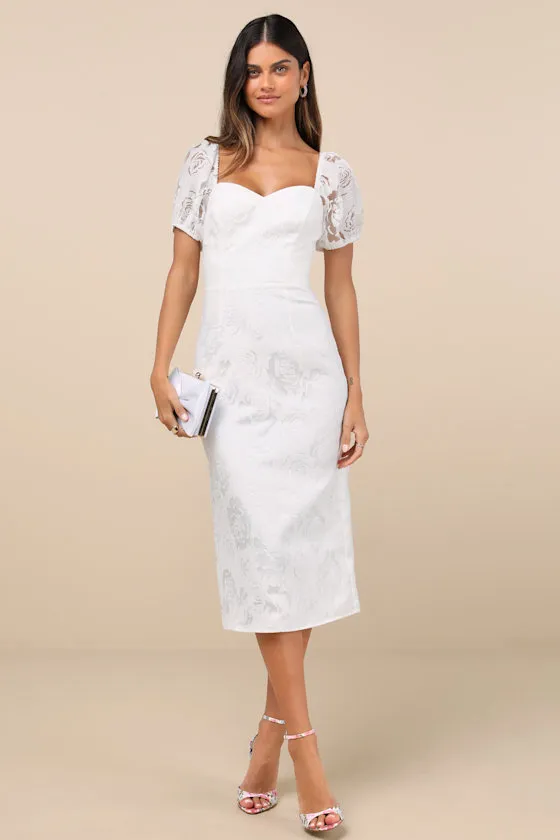 Odetta White Burnout Puff Sleeve Lace-Up Midi Dress sold by Lulus