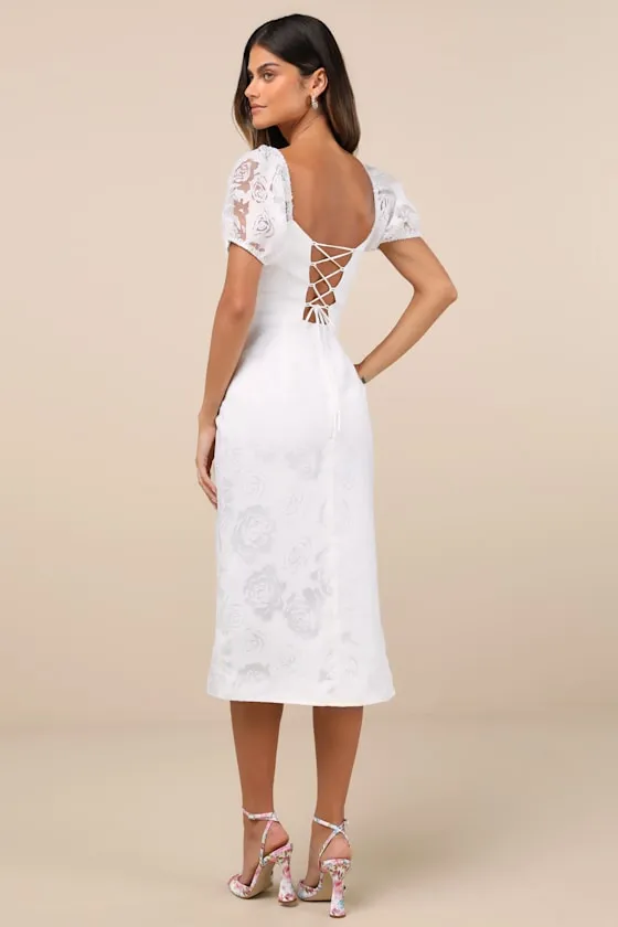 Odetta White Burnout Puff Sleeve Lace-Up Midi Dress sold by Lulus product image thumbnail 3