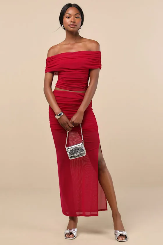 Cadie Red Sheer Mesh Ruched Maxi Skirt sold by Lulus