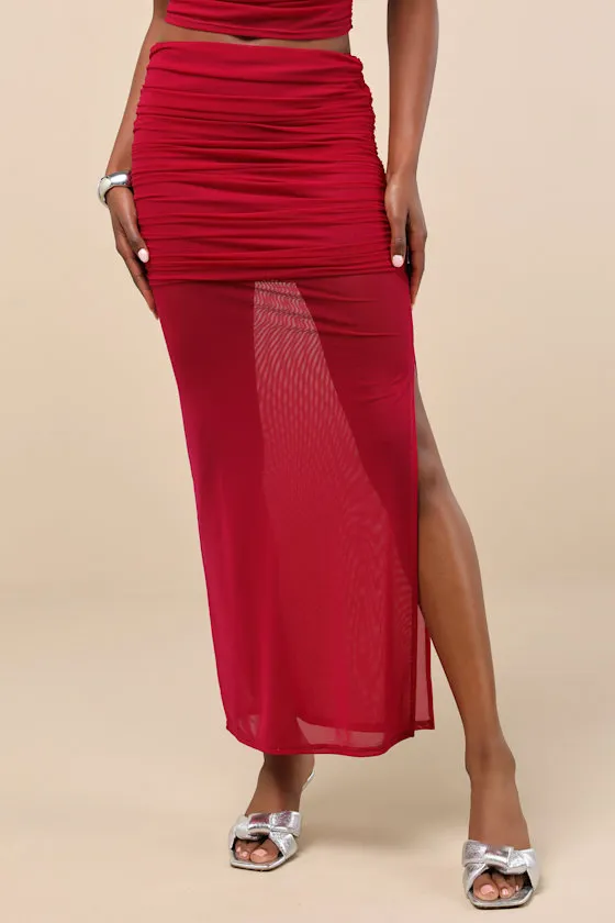 Cadie Red Sheer Mesh Ruched Maxi Skirt sold by Lulus product image thumbnail 2