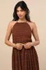 Madriana Brown Halter Neck Ruffed Midi Dress sold by Lulus
