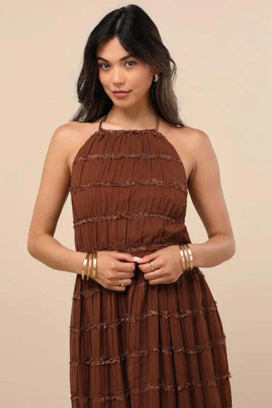 Madriana Brown Halter Neck Ruffed Midi Dress sold by Lulus