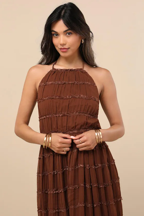 Madriana Brown Halter Neck Ruffed Midi Dress sold by Lulus