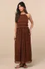 Madriana Brown Halter Neck Ruffed Midi Dress sold by Lulus
