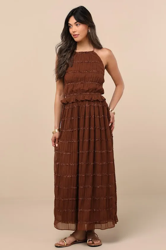 Madriana Brown Halter Neck Ruffed Midi Dress sold by Lulus product image thumbnail 2