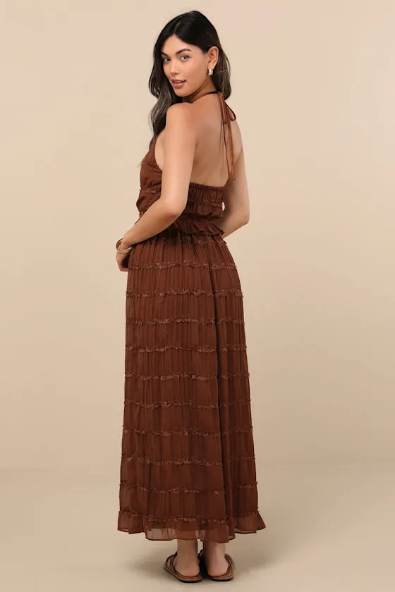 Madriana Brown Halter Neck Ruffed Midi Dress sold by Lulus product image thumbnail 3