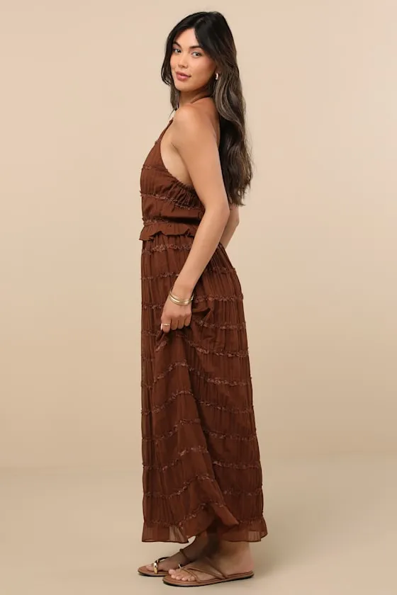Madriana Brown Halter Neck Ruffed Midi Dress sold by Lulus product image thumbnail 4