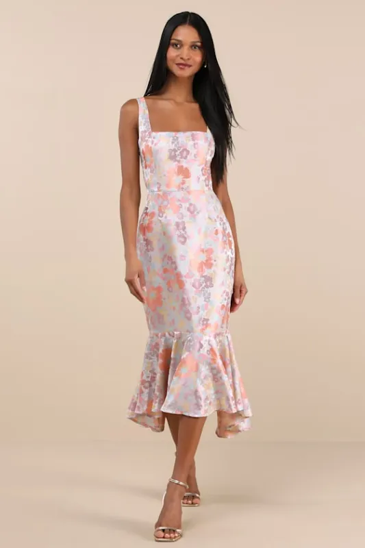 Boudicca Light Mauve Floral Jacquard Lace-Up Trumpet Midi Dress sold by Lulus