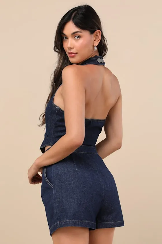 Jacquette Dark Wash Denim Pleated Halter Vest Romper sold by Lulus product image thumbnail 2