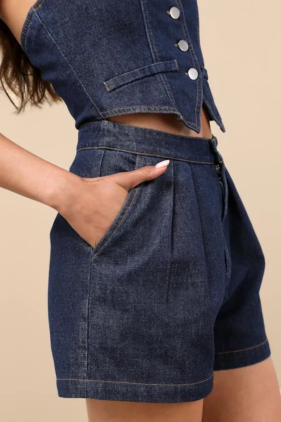 Jacquette Dark Wash Denim Pleated Halter Vest Romper sold by Lulus product image thumbnail 4
