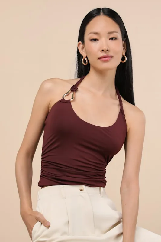 Ash Burgundy Jersey Knit Ruched Twisted Halter Top sold by Lulus
