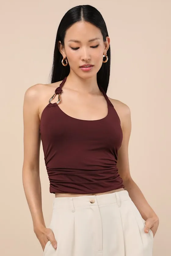 Ash Burgundy Jersey Knit Ruched Twisted Halter Top sold by Lulus product image thumbnail 3