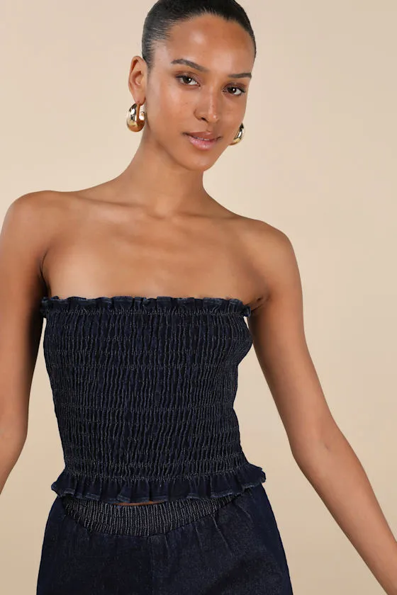Diantha Dark Blue Smocked Strapless Crop Top sold by Lulus