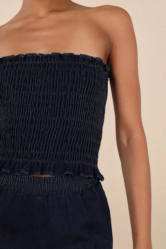 Diantha Dark Blue Smocked Strapless Crop Top sold by Lulus product image thumbnail 4