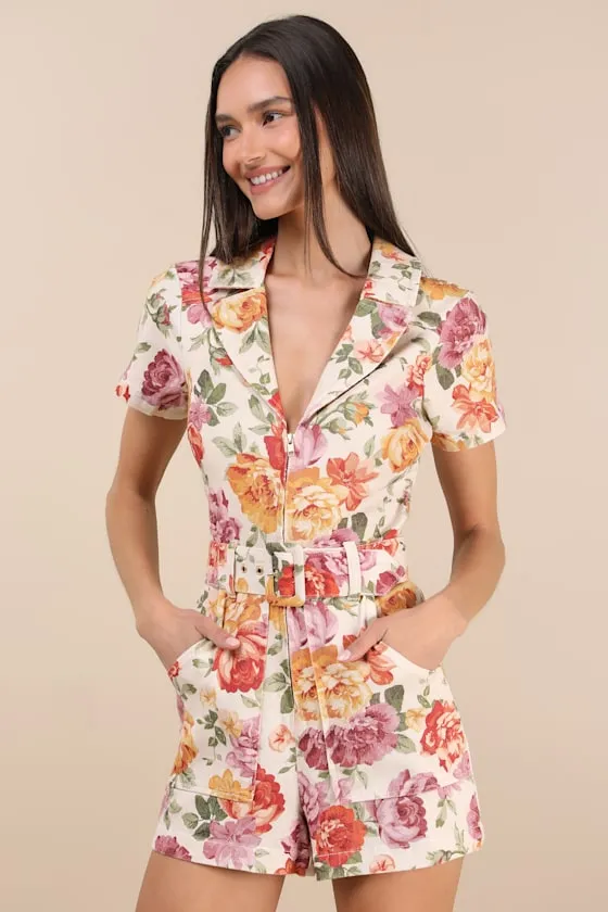 Outlaw Ivory Floral Denim Short Sleeve Belted Romper sold by Lulus product image thumbnail 2