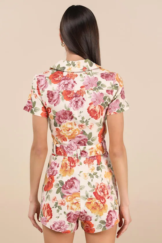 Outlaw Ivory Floral Denim Short Sleeve Belted Romper sold by Lulus product image thumbnail 3