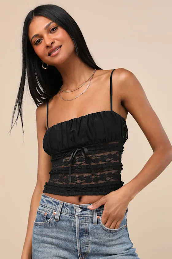 Malvina Black Mesh Sheer Lace Cami Top sold by Lulus