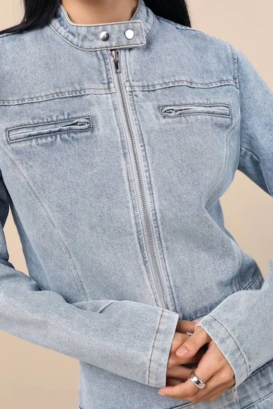 Khine Light Wash Denim Moto Jacket sold by Lulus product image thumbnail 2