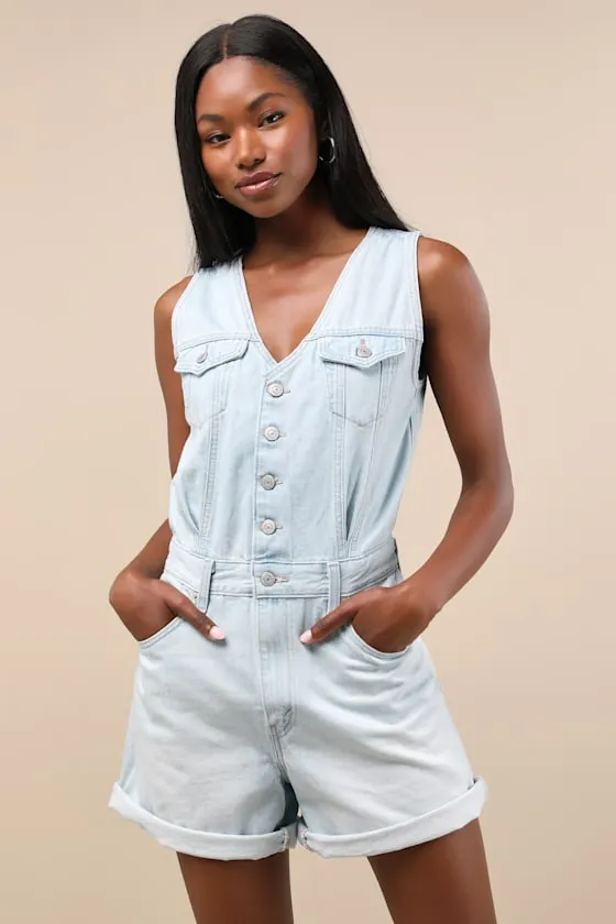 Vest Light Wash Button-Front Denim Romper sold by Lulus