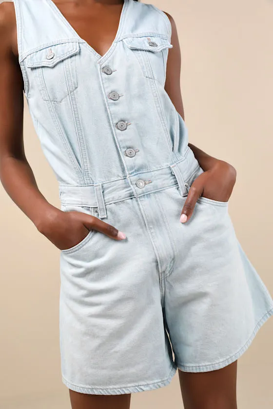 Vest Light Wash Button-Front Denim Romper sold by Lulus product image thumbnail 4
