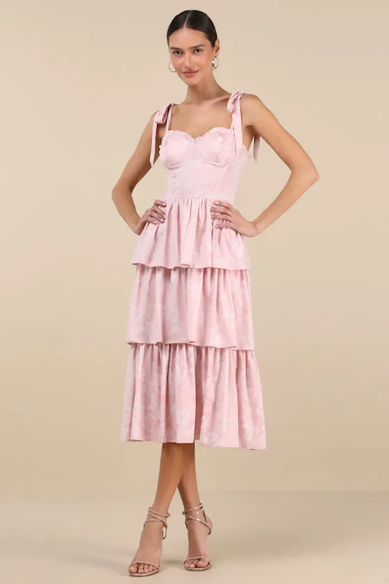 Lovely Bliss Pink Floral Jacquard Strapless Bustier Midi Dress sold by Lulus