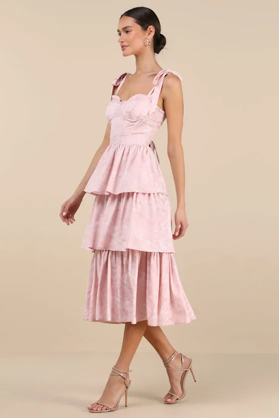 Lovely Bliss Pink Floral Jacquard Strapless Bustier Midi Dress sold by Lulus product image thumbnail 2