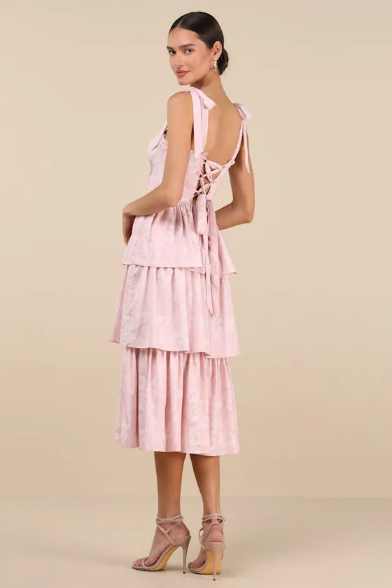 Lovely Bliss Pink Floral Jacquard Strapless Bustier Midi Dress sold by Lulus product image thumbnail 3