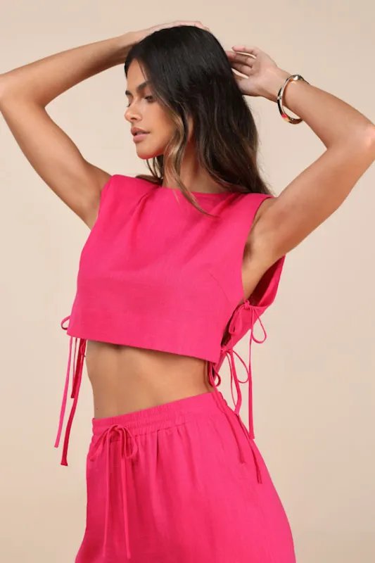 Irida Hot Pink Tie-Side Sleeveless Crop Top sold by Lulus