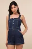 Thema Dark Wash Denim Button-Front Romper sold by Lulus