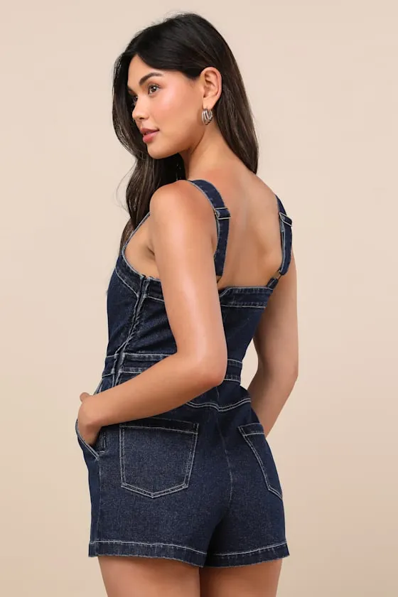 Thema Dark Wash Denim Button-Front Romper sold by Lulus product image thumbnail 2